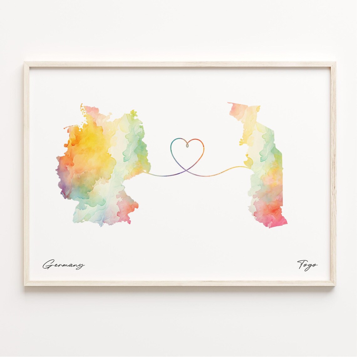 Germany to Togo Watercolor Map Poster Heart Line Long Distance Gift