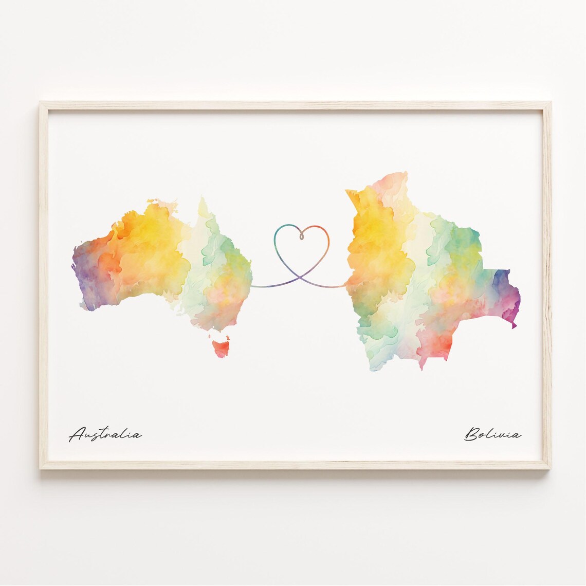 Australia to Bolivia Watercolor Heart Map Long Distance Love Poster