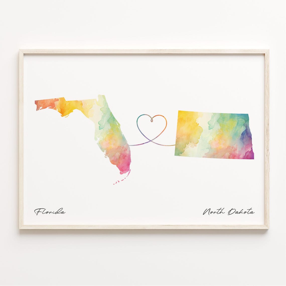 Florida to North Dakota Heart Line Watercolor State Map Poster