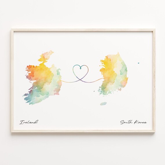 Ireland To South Korea Watercolor Heart Map Connection Wall Art