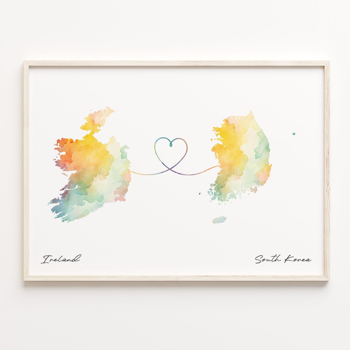 Ireland To South Korea Watercolor Heart Map Connection Wall Art