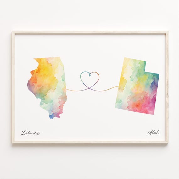 Illinois To Utah Watercolor Map Art Print