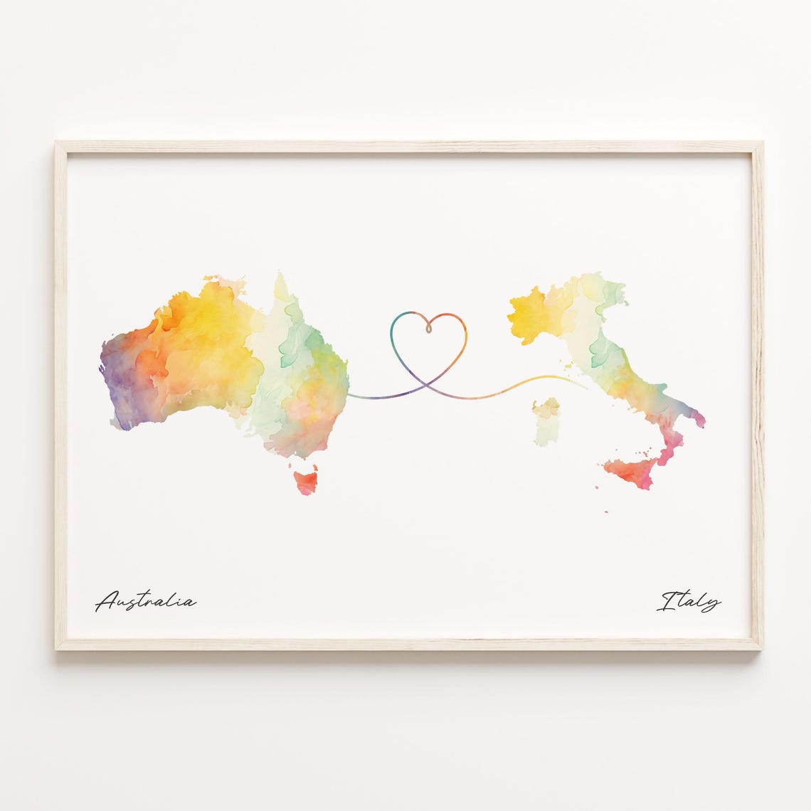 Australia to Italy Heart Watercolor Map Long Distance Love Poster