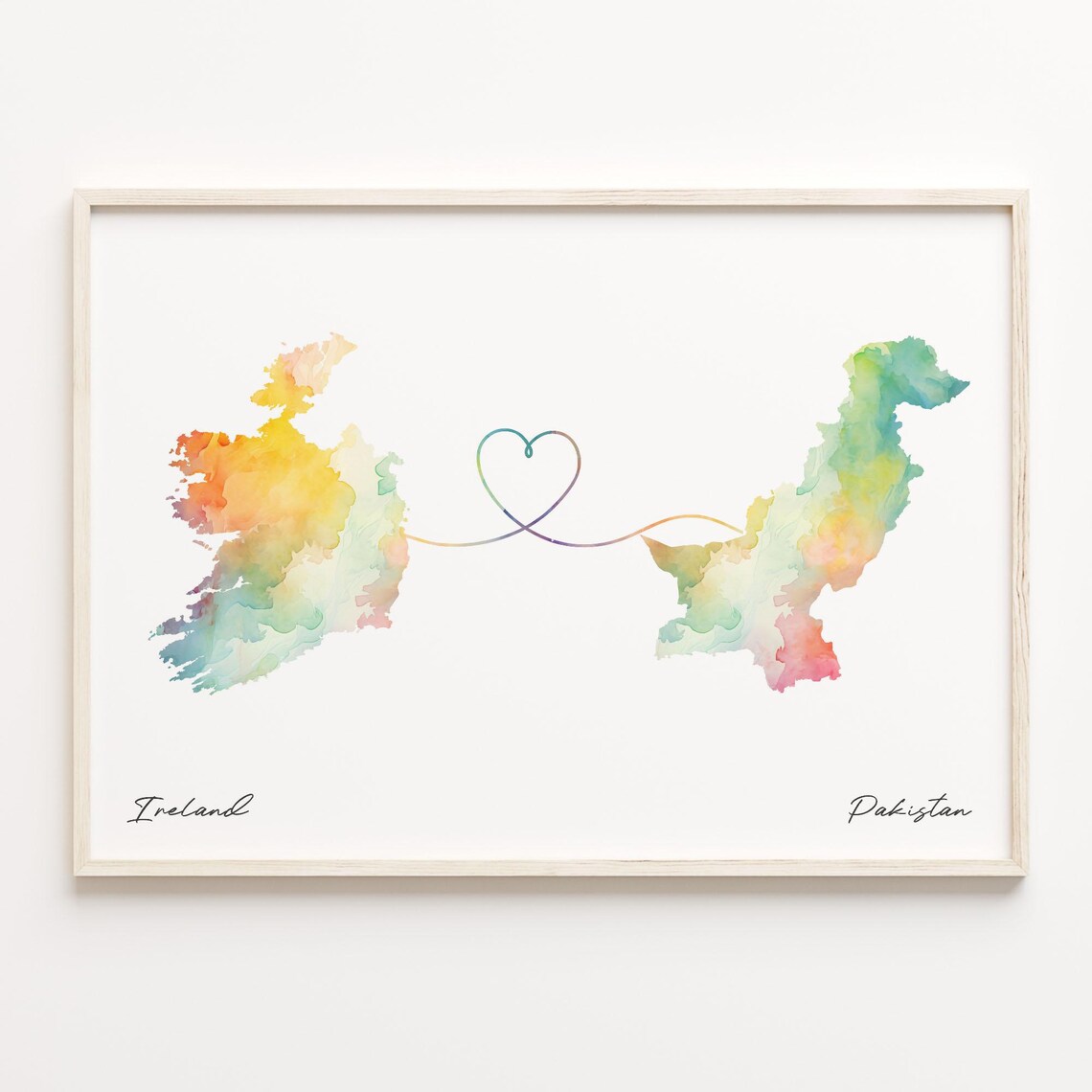 Ireland to Pakistan Heart Map Long Distance Love Keepsake Art Print