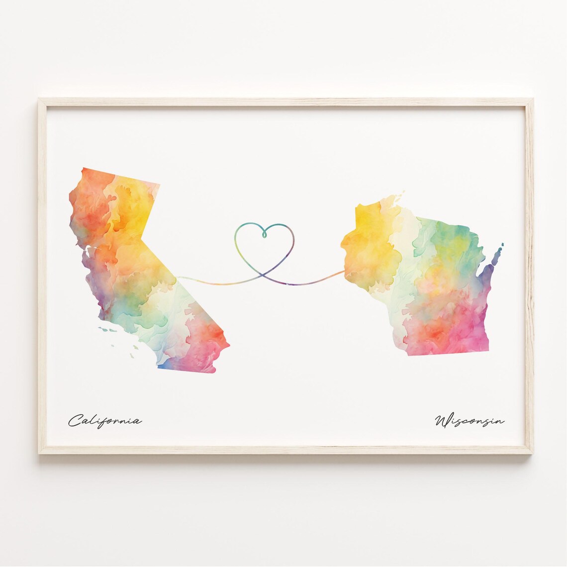 California to Wisconsin Watercolor Heart Connection Map Poster