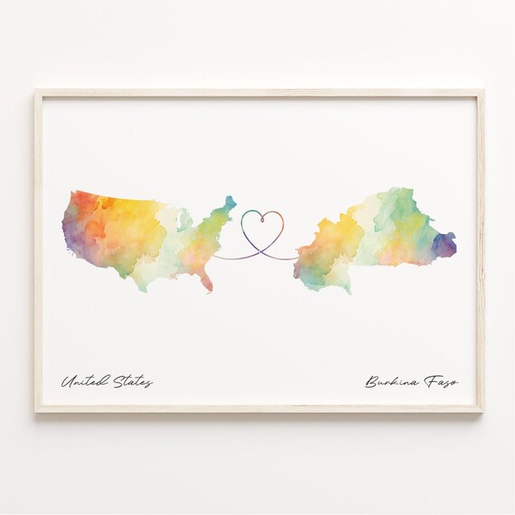 United States to Burkina Faso Watercolor Map Heart Travel Poster