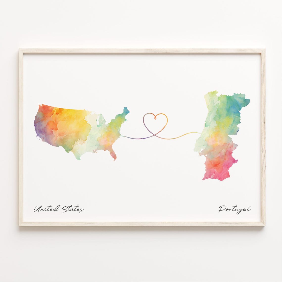 United States to Portugal Watercolor Map Heart Connection Poster