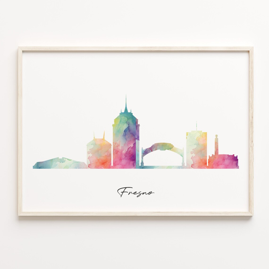 Fresno California Rainbow Watercolor Skyline Cityscape Art Print