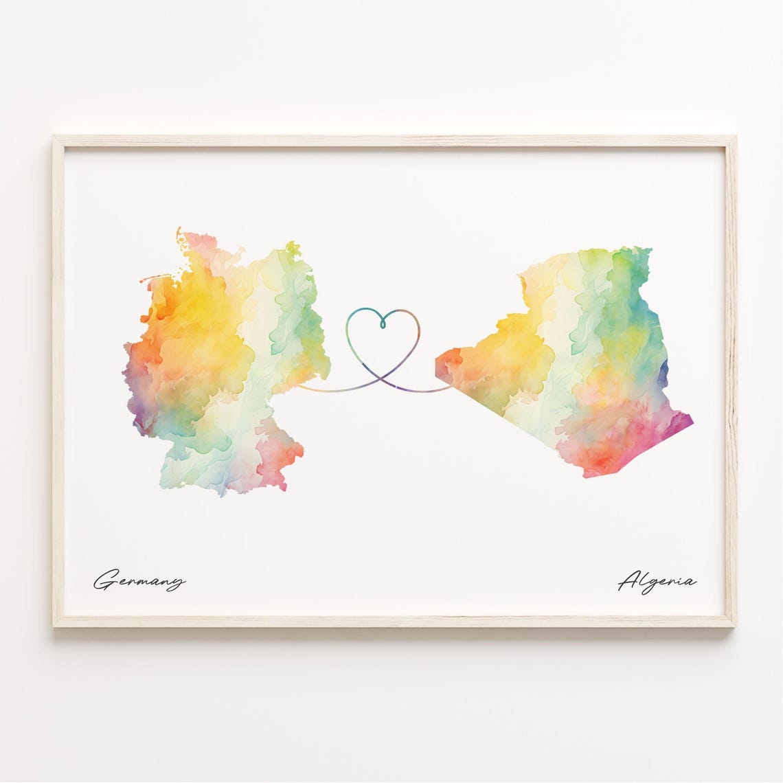 Germany To Algeria Watercolor Heart Connection Map Gift Print
