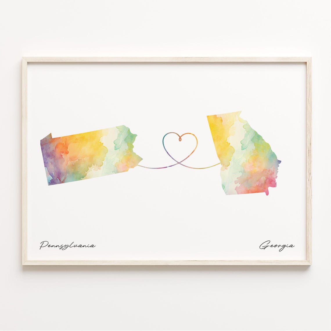 Pennsylvania and Georgia Watercolor Map Heart Connection Poster