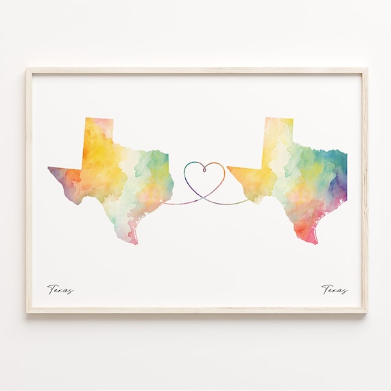 Texas To Texas Twin Watercolor Maps Heart Home State Pride Art Print