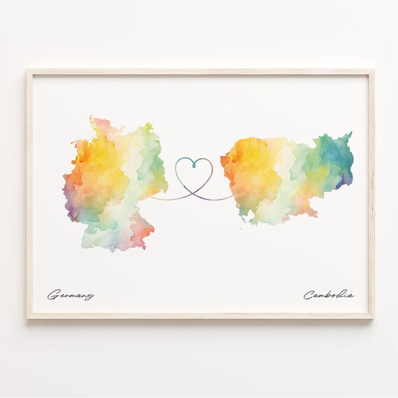 Germany To Cambodia Watercolor Heart Connection Map Art Poster
