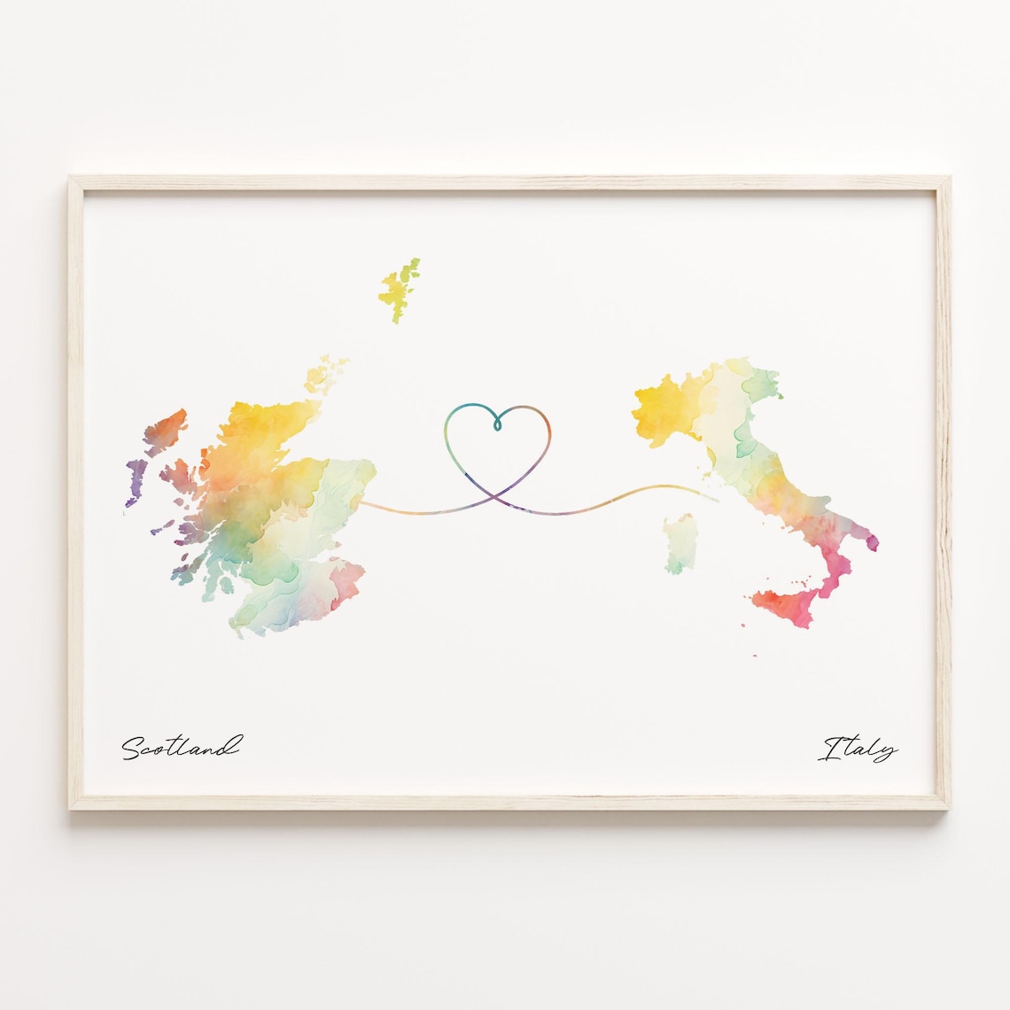 Scotland To Italy Heart Connection Watercolor Map Travel Gift Poster