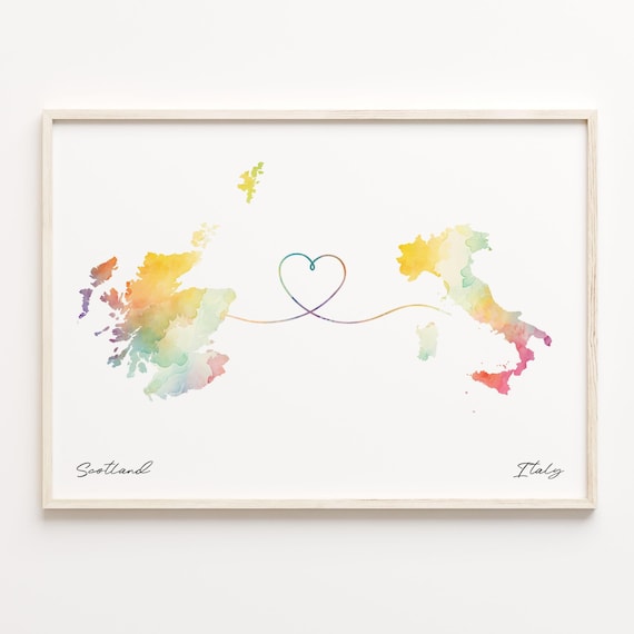 Scotland To Italy Heart Connection Watercolor Map Travel Gift Poster