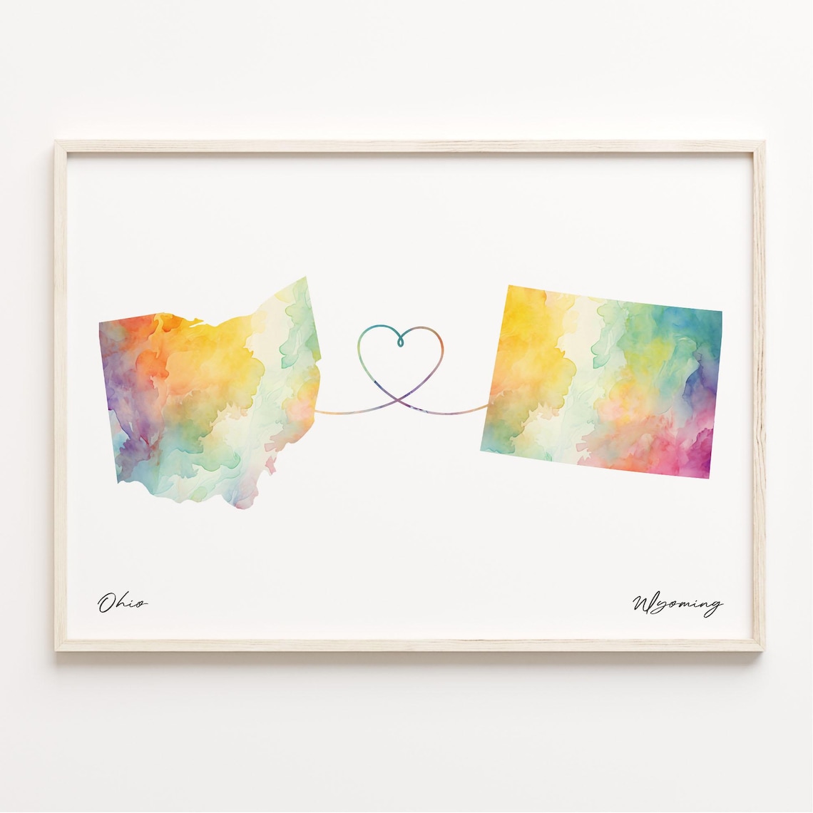 Ohio to Wyoming Watercolor Heart Map Long Distance Love Print