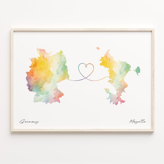 Germany to Mayotte Watercolor Map with Heart Connection Poster