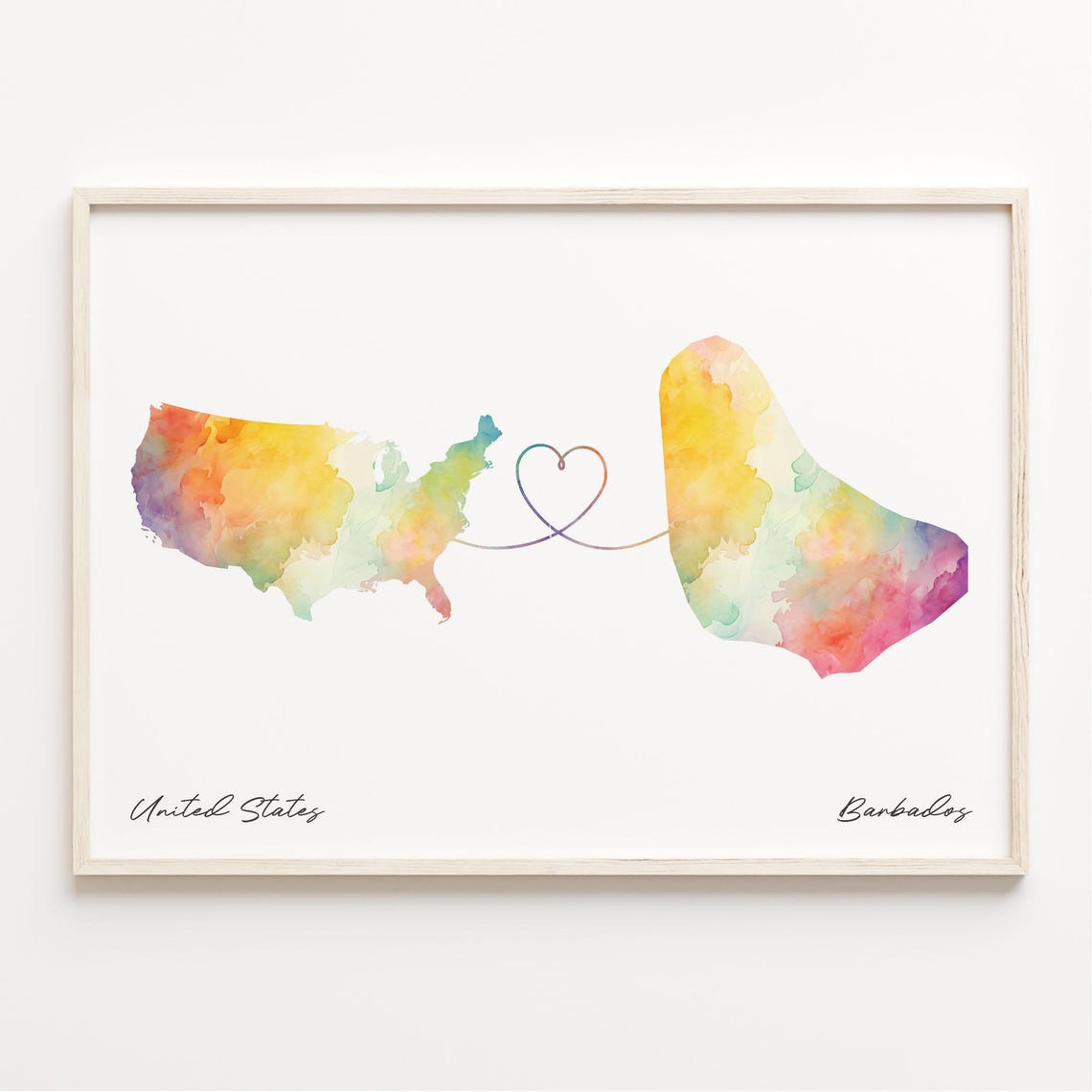 United States to Barbados Watercolor Map Heart Connection Poster