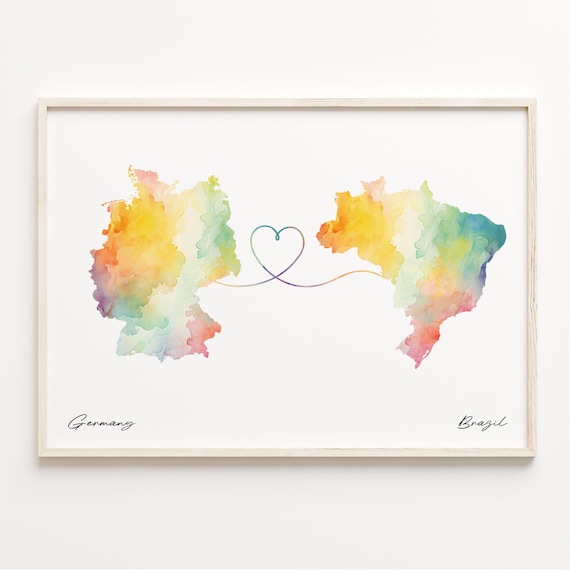 Germany to Brazil Watercolor Map Heart Long Distance Love Poster