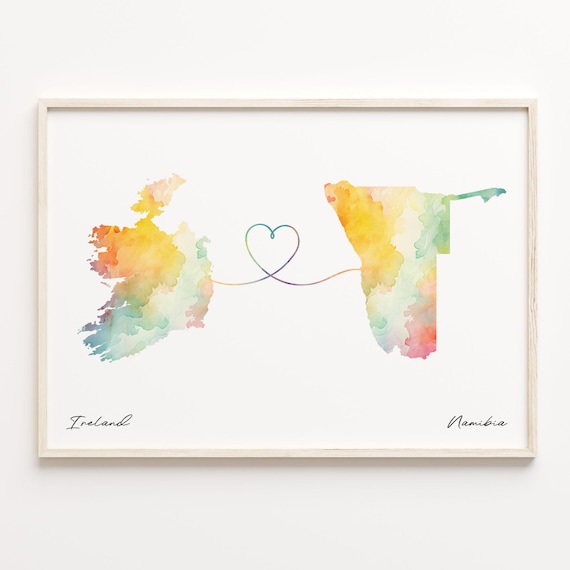 Ireland To Namibia Watercolor Country Maps Heart Connection Line Wall Art