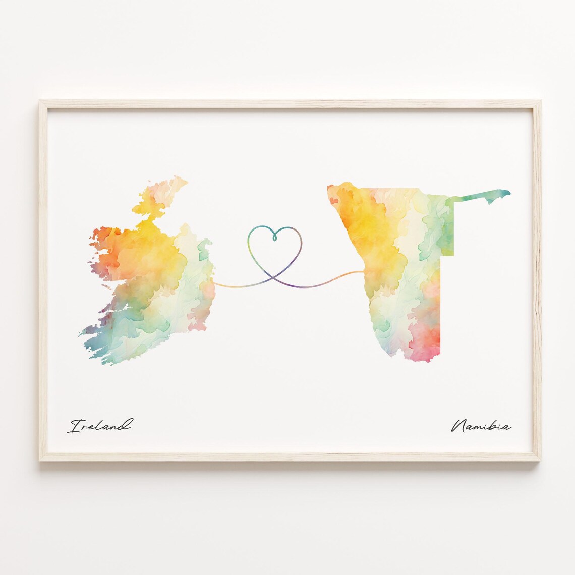 Ireland To Namibia Watercolor Country Maps Heart Connection Line Wall Art