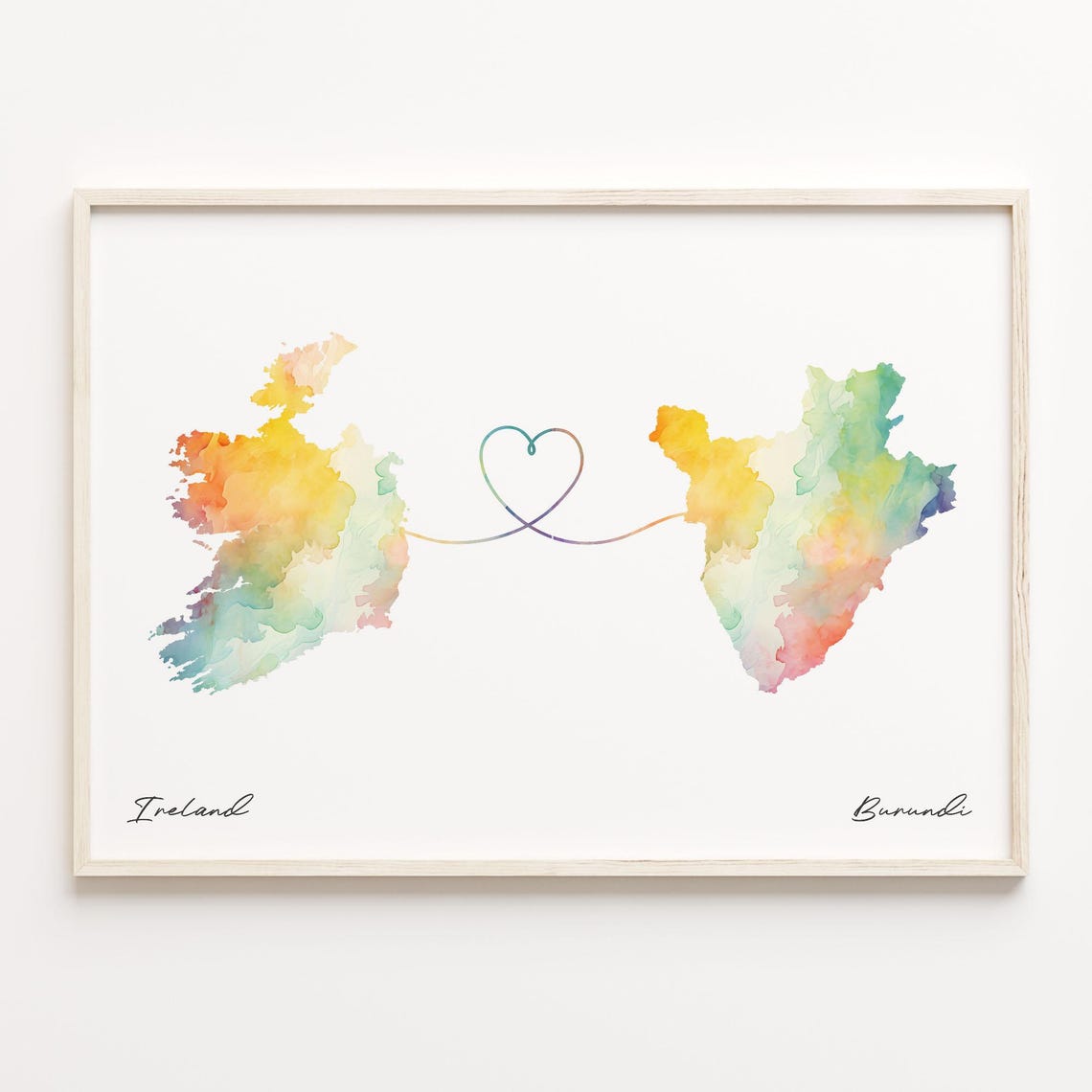 Ireland To Burundi Watercolor Heart Map Long Distance Love Poster