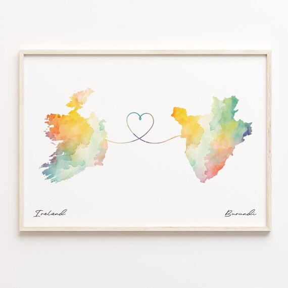 Ireland To Burundi Watercolor Heart Map Long Distance Love Poster