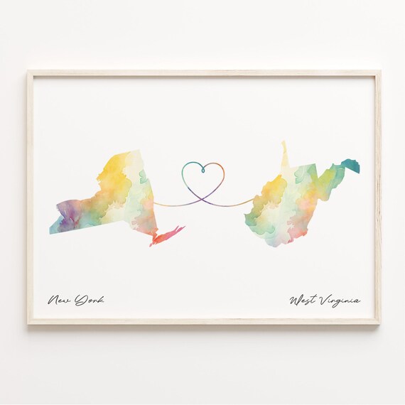 New York to West Virginia Watercolor Map Heart Long Distance Poster