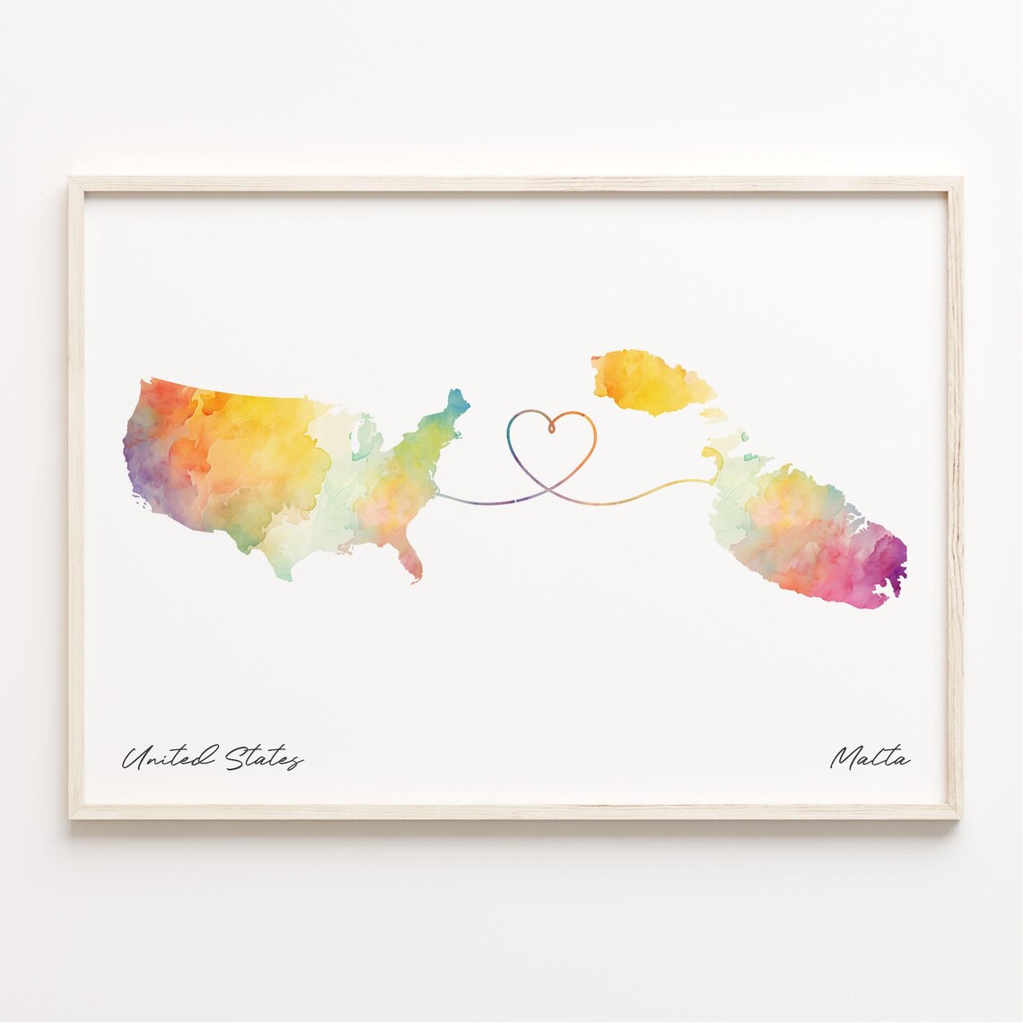 United States to Malta Watercolor Map with Heart Connection Line Art Print