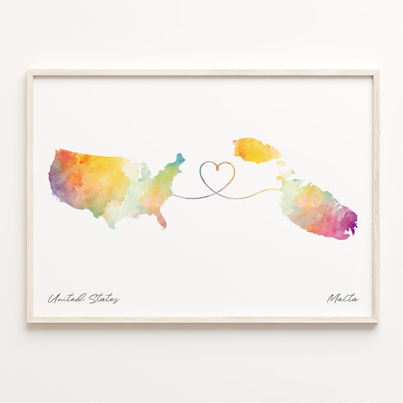 United States to Malta Watercolor Map with Heart Connection Line Art Print