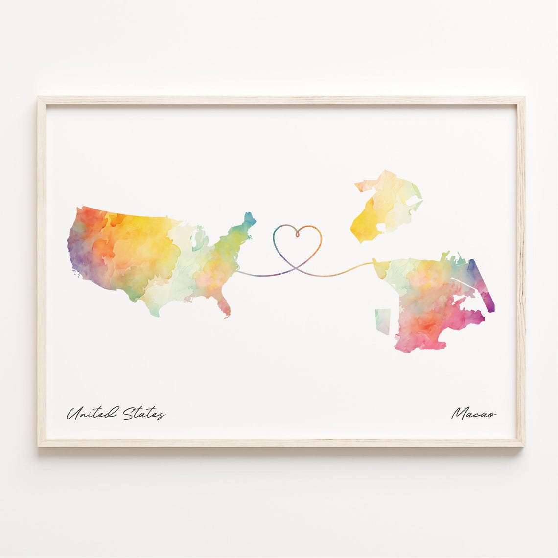 United States Macao Heart Watercolor Long Distance Map Poster