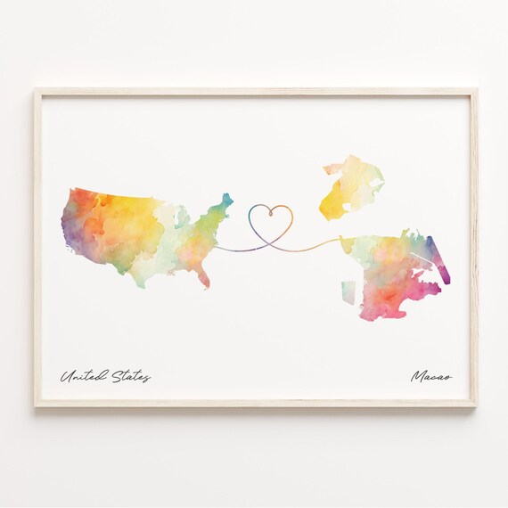 United States Macao Heart Watercolor Long Distance Map Poster