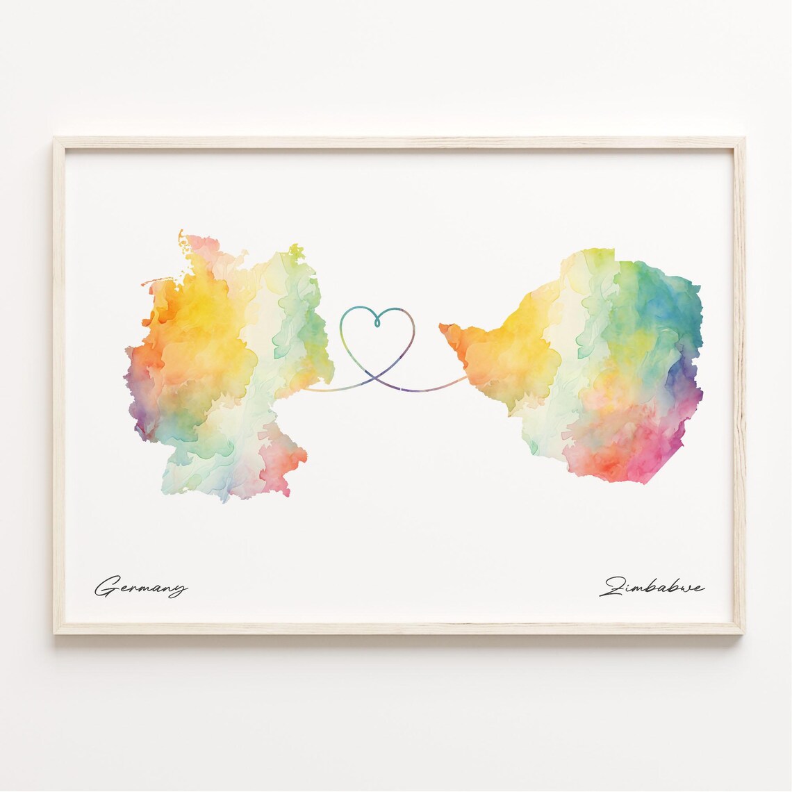 Germany To Zimbabwe Watercolor Heart Map Long Distance Love Poster