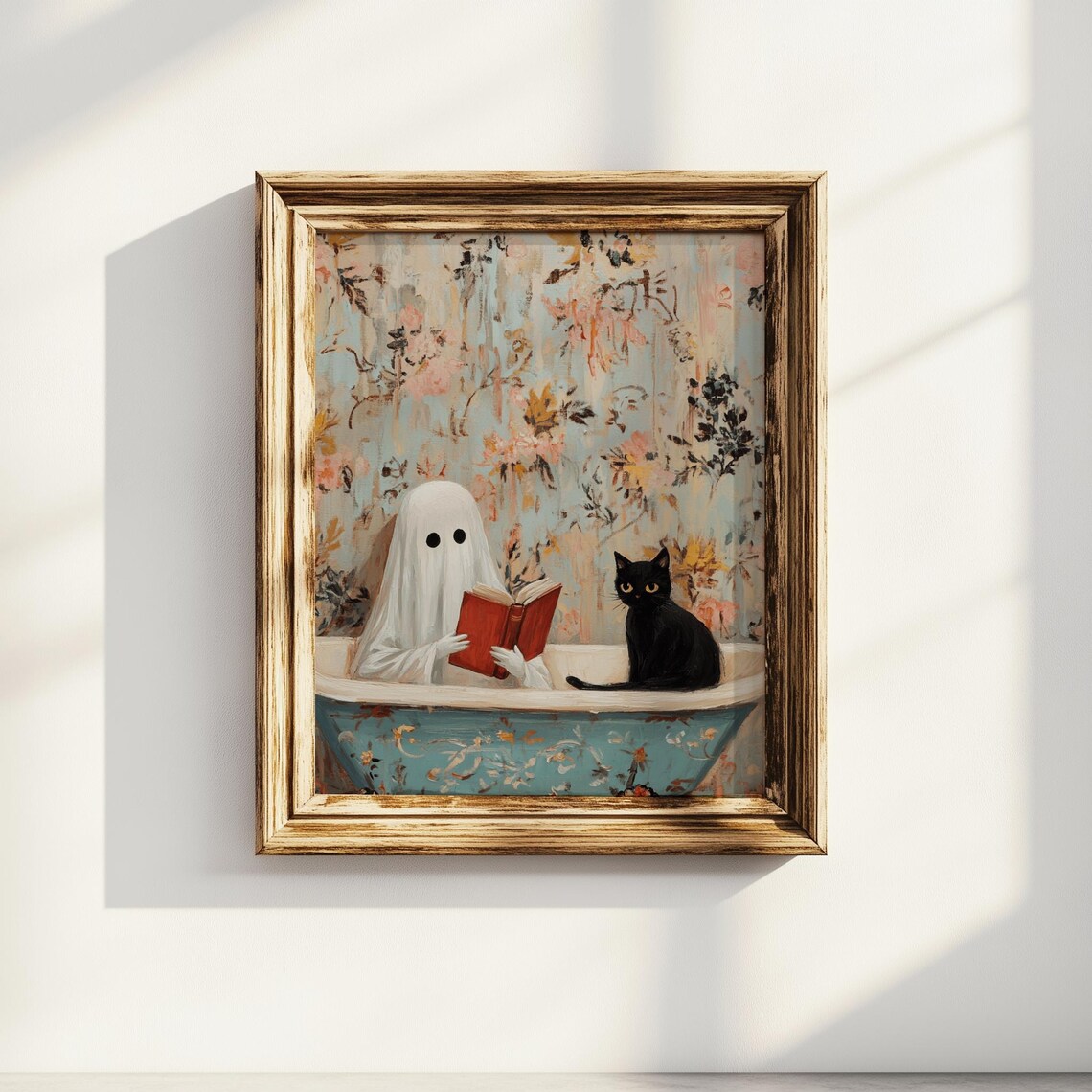Cute Ghost Reading In Bathtub With Black Cat Halloween Art Poster