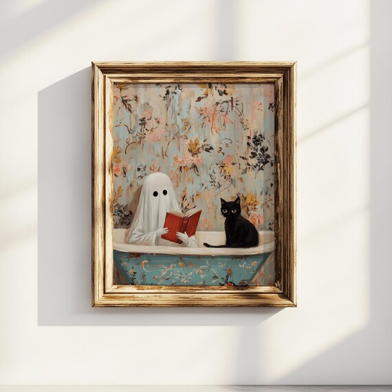 Cute Ghost Reading In Bathtub With Black Cat Halloween Art Poster