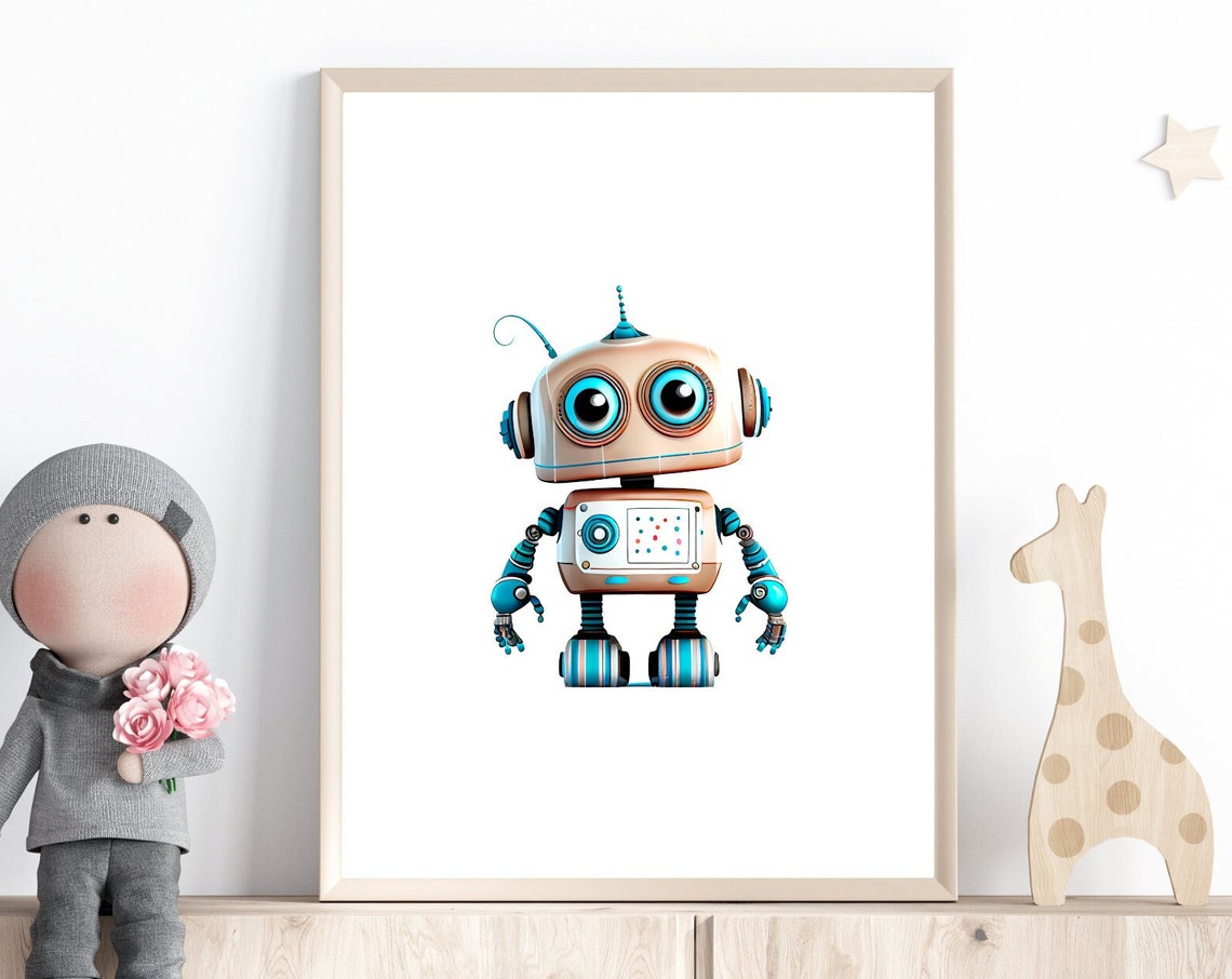 Adorable Retro Robot with Teal Eyes Boys Room Nursery Art Print