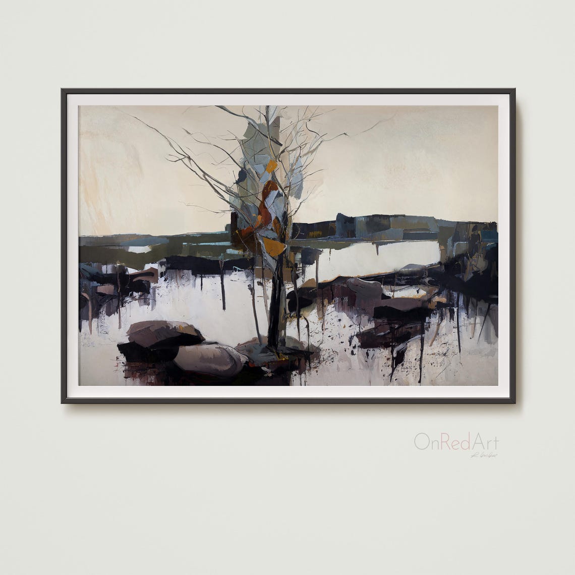Abstract Winter Landscape Stained Glass Tree Muted Modern Wall Art