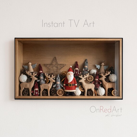 Warm Cozy Christmas Shadow Box Santa Reindeer Holiday Scene Art Poster