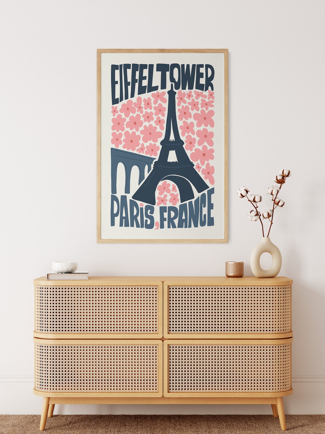 Eiffel Tower Paris France Pink Bloom Retro Typography Poster - Image 3