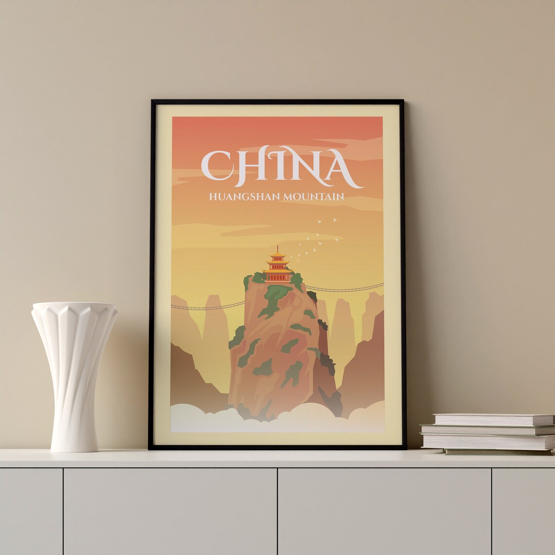 China Huangshan Mountain Pagoda Temple Sunrise Peaks Travel Poster - Image 2