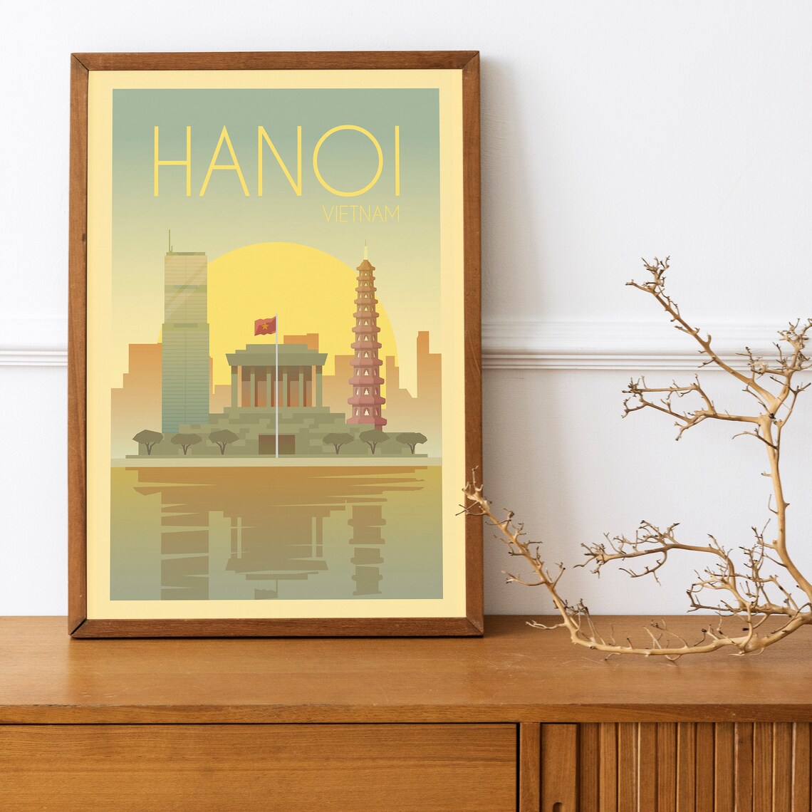 Hanoi Vietnam Vintage Travel Pagoda Temple Sunset Skyline Poster - Image 4