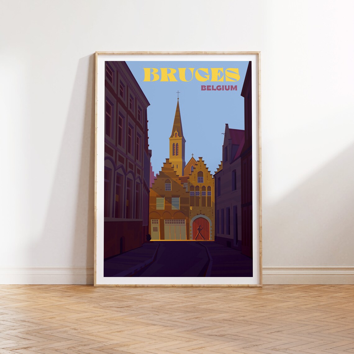 Bruges Belgium Old Town Street Scene Colorful Retro Travel Poster