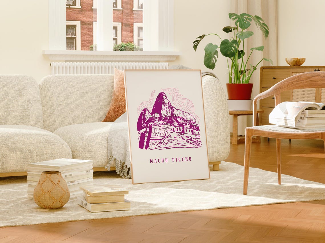 Machu Picchu Ancient Mountain Ruins Magenta Line Art Minimalist Print - Image 4