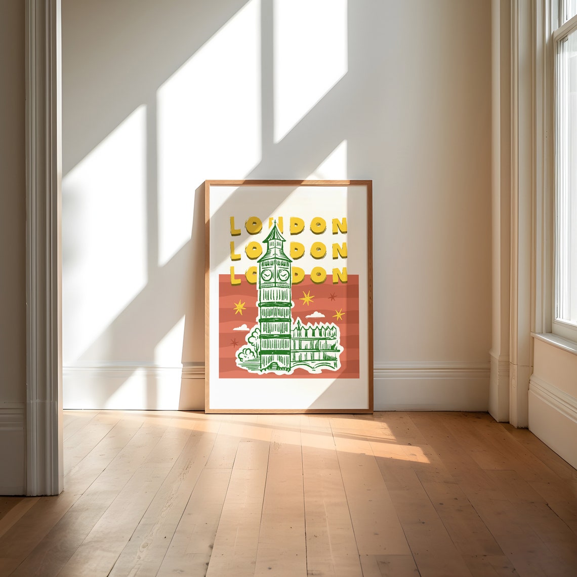London England Big Ben Green Sketch Retro Red Pop Art Poster - Image 2