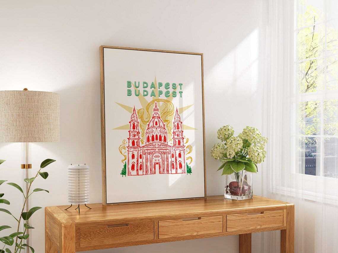Budapest Hungary Basilica Dome Red Line Art Travel Wall Poster - Image 3