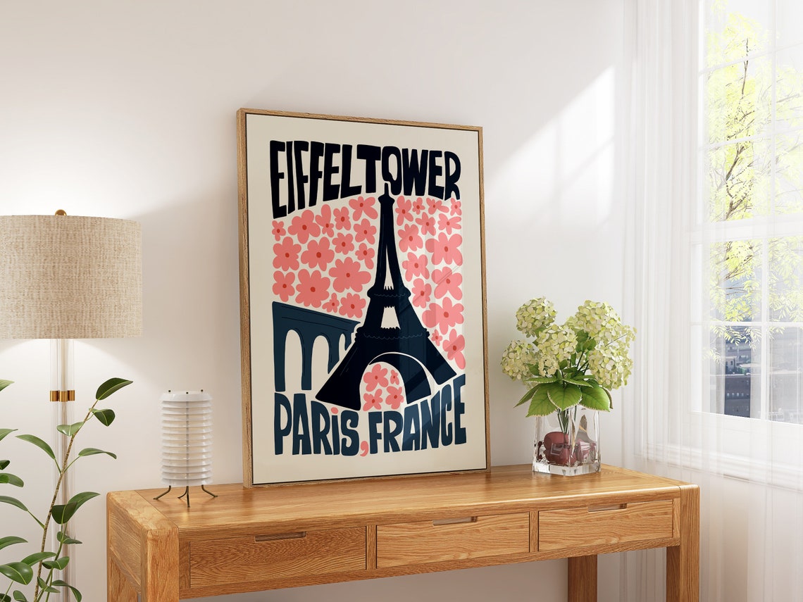 Eiffel Tower Paris France Pink Bloom Retro Typography Poster - Image 5