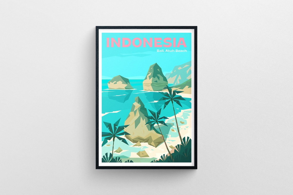 Indonesia Bali Atuh Beach Tropical Sea Stacks Palm Trees Poster Art - Image 5