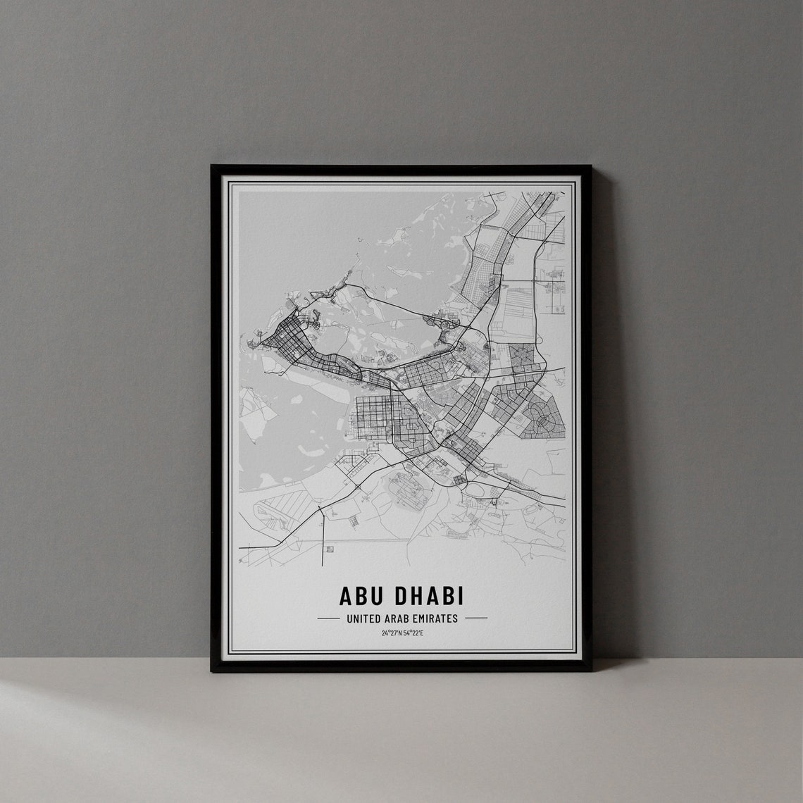 Abu Dhabi UAE Minimalist Black White City Street Map Art Poster