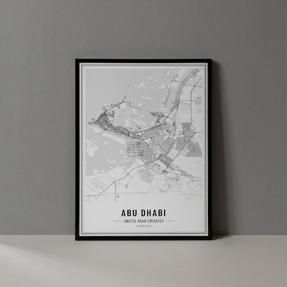 Abu Dhabi UAE Minimalist Black White City Street Map Art Poster