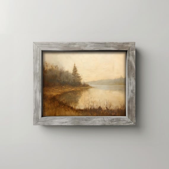 Tranquil River Bend In Autumn Vintage Tonalist Oil Painting Earthy Landscape Wall Art Rustic Fall Decor 33