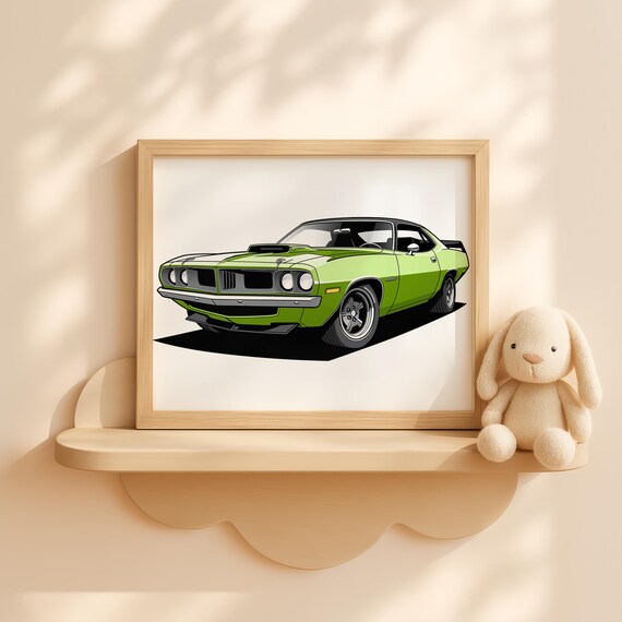 Green Vintage American Muscle Car Front View Nursery Automotive Art Poster